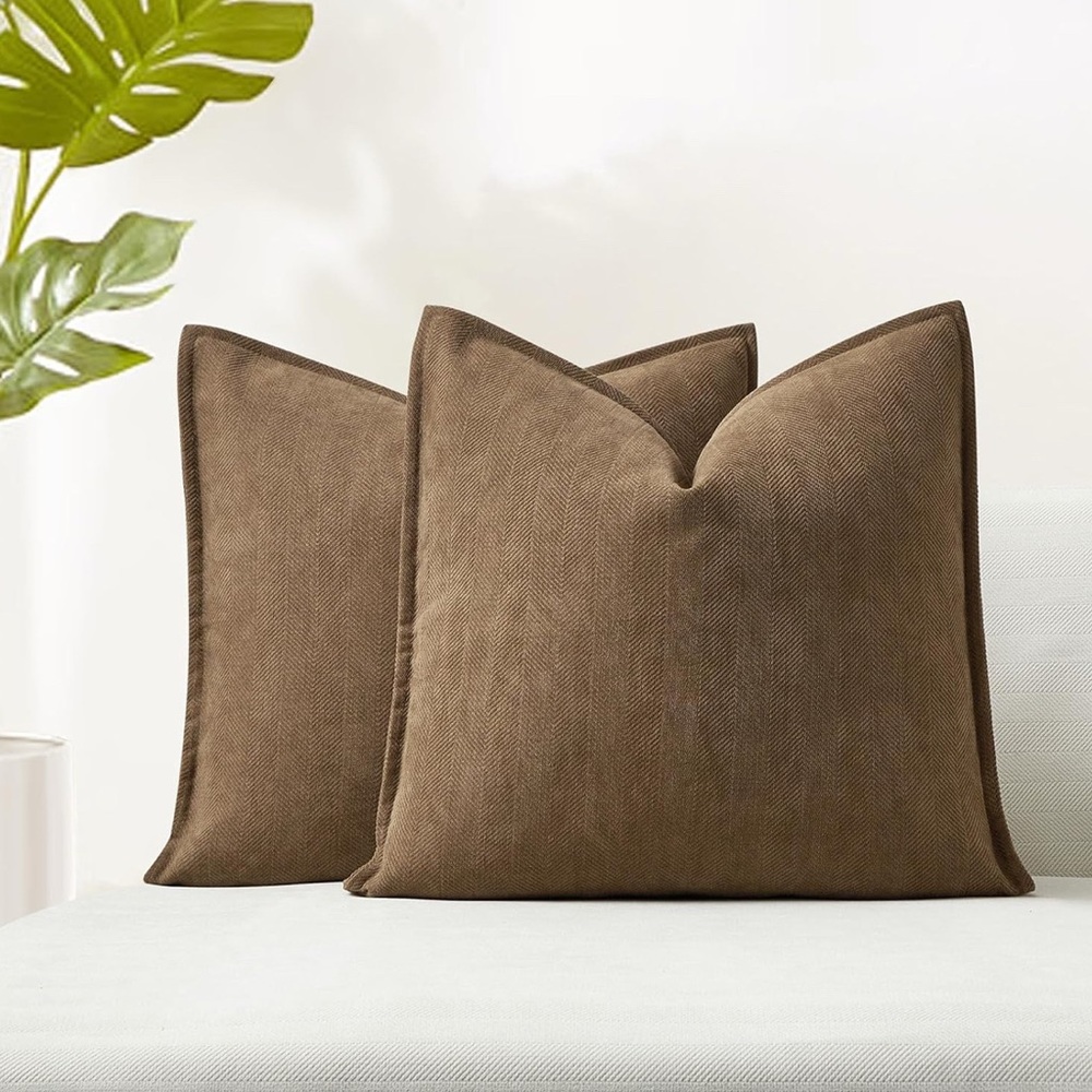 Brown Throw Pillow Cover Set of 2 Herringbone Chenille With Invisible Zipper